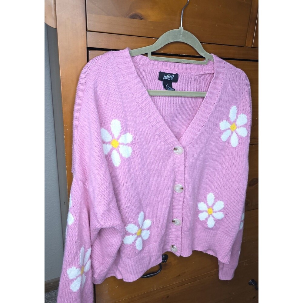 Just Polly Cardigan Sweater Size Large Pink Daisy Oversized Barbie Floral